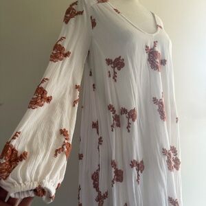 Free People White Gauze Dress with Subtle Rust Accents